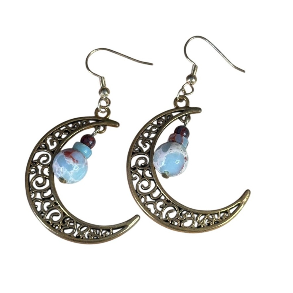 Antique Bronze Crescent Moon Filigree Dangle Earrings Blueโ Stone Bead Celestial